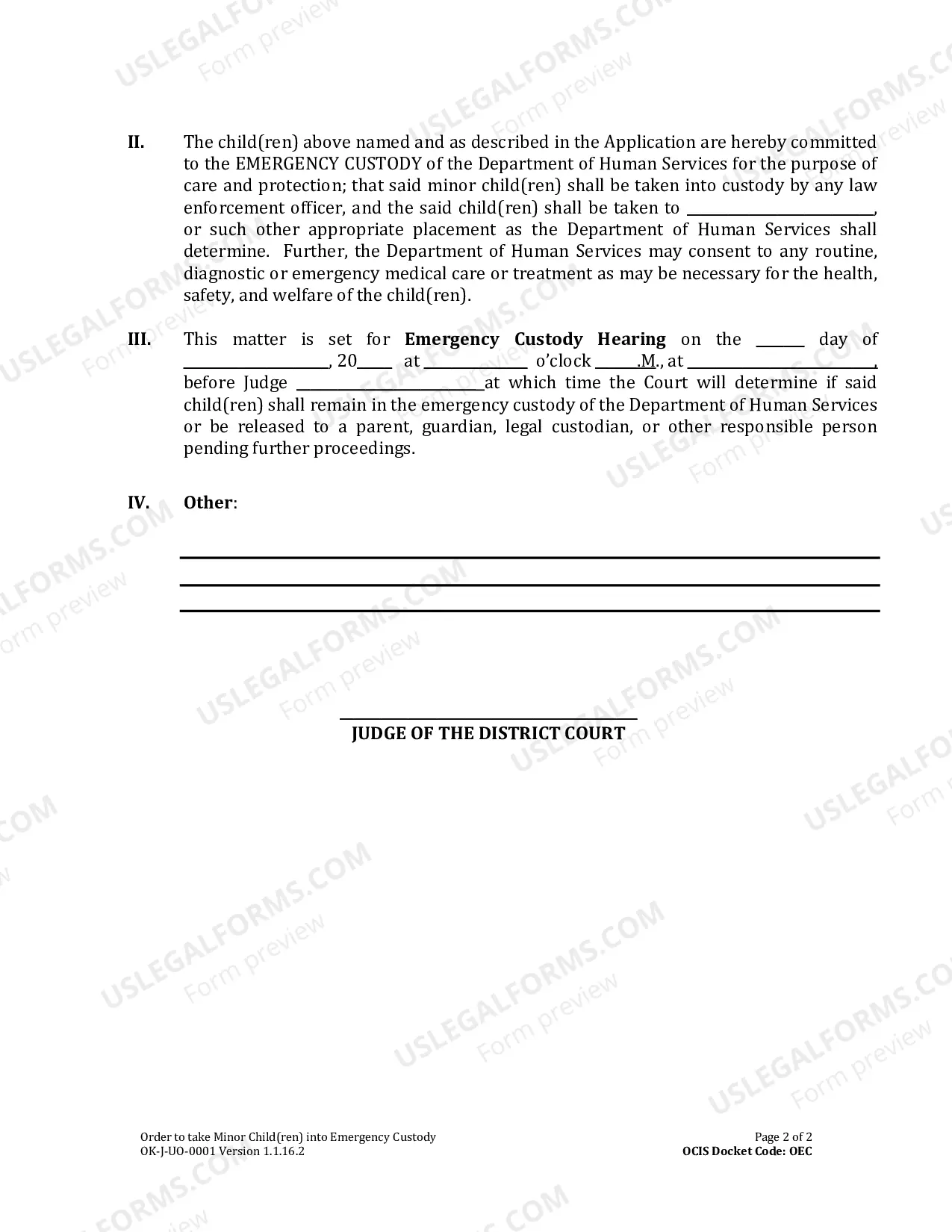 Preview Order to take Minor Children into Emergency Custody