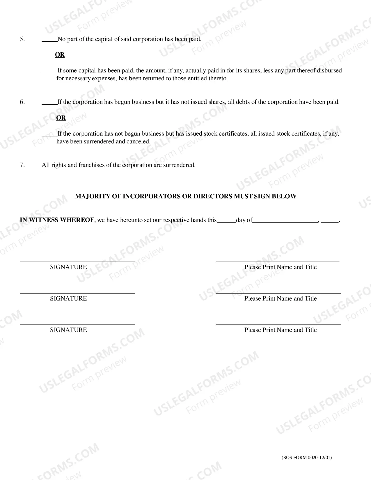 Preview Certificate of Dissolution - Before the Issuance of Shares or Beginning Business