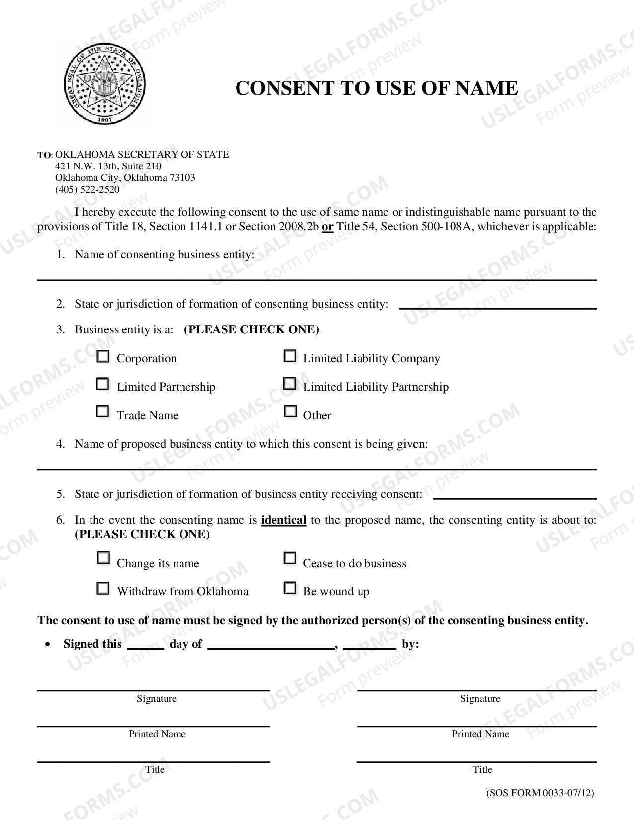 Oklahoma City Oklahoma Consent to Use Name US Legal Forms