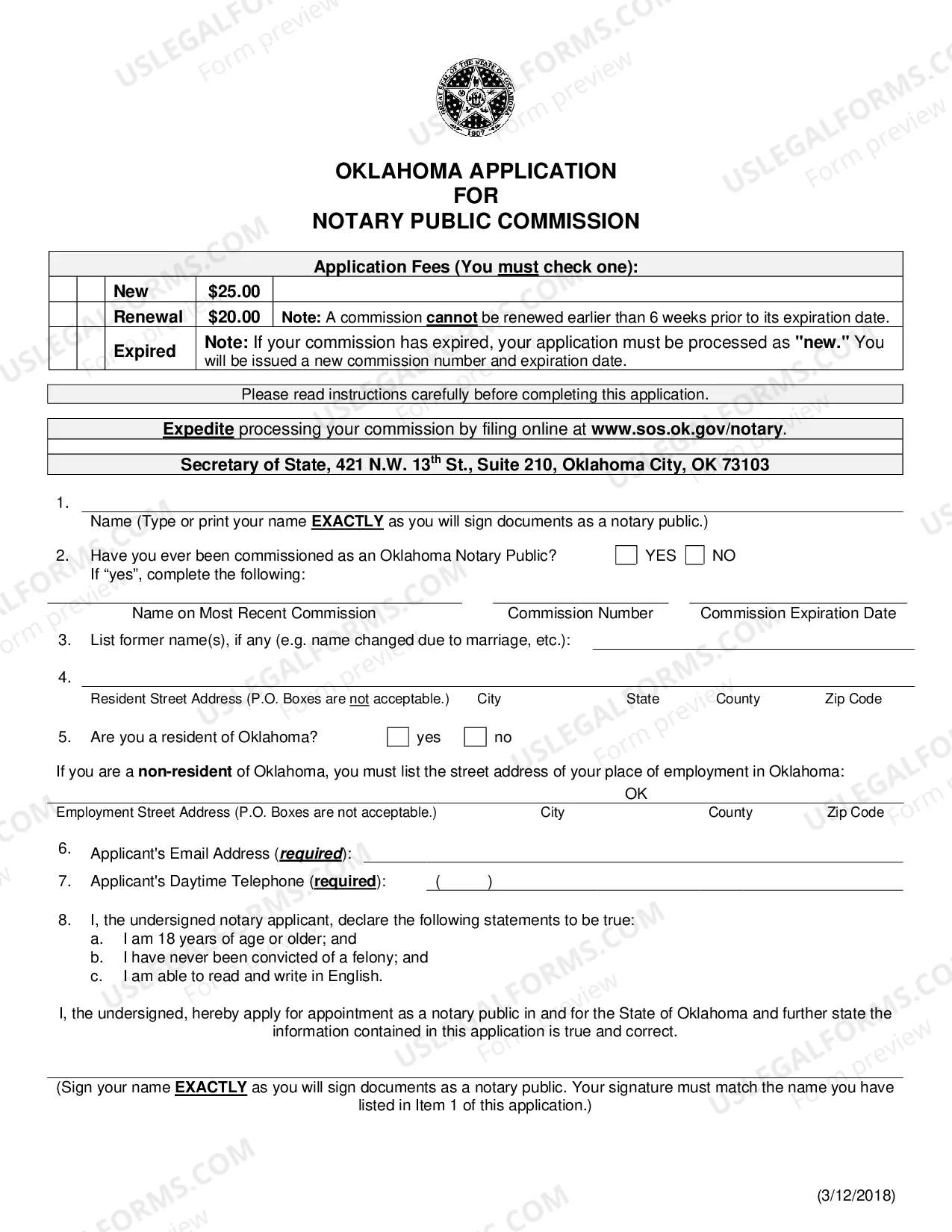 Preview Instructions for Completing the Oklahoma Application for Notary Public Commission and Application