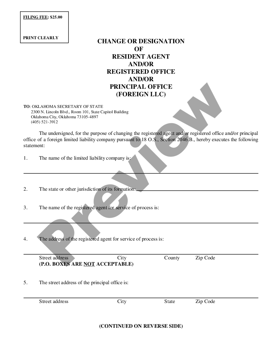 Oklahoma Change or Designation of Resident Agent and/or Registered Office and/or Principal