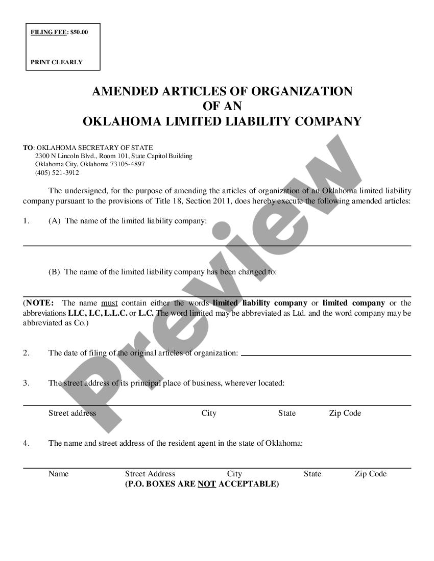 Oklahoma Llc Articles Of Organization With The Correct Label Us Legal Forms 