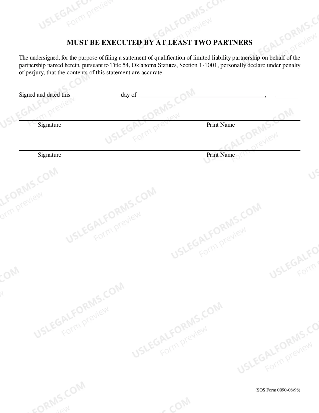 Preview Oklahoma Limited Liability Partnership Statement of Qualification