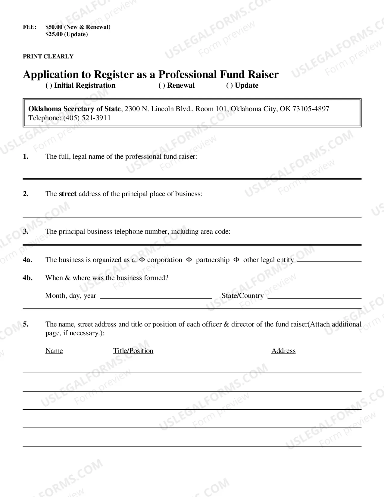 Preview Professional Fund Raiser Registration in Oklahoma Information and Instructions