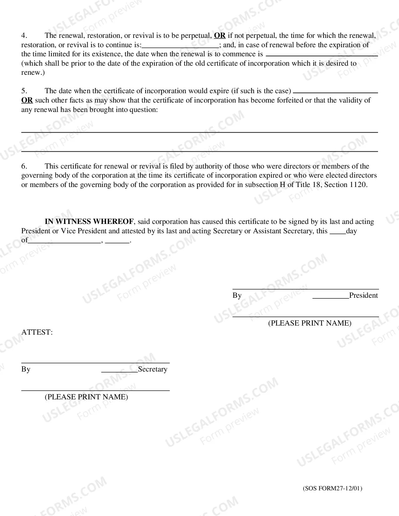 Preview Oklahoma Certificate of Renewal, Revival, Extension and Restoration