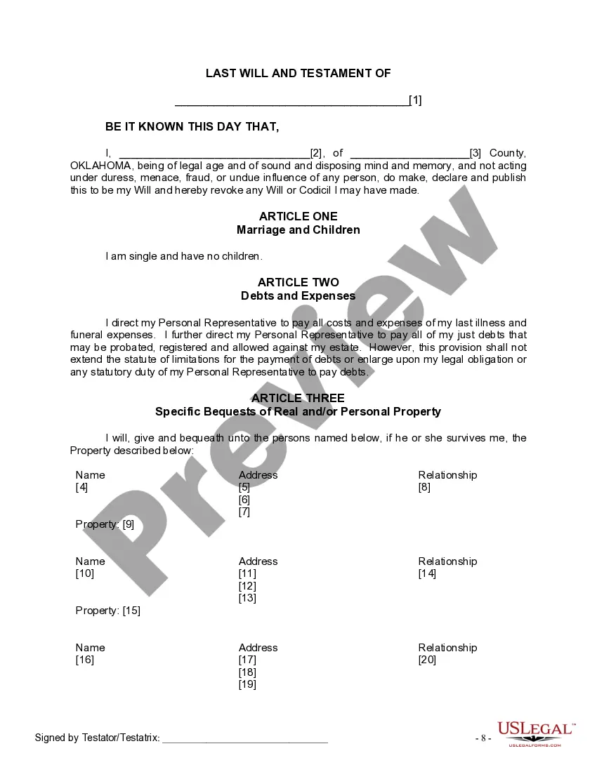 Preview Last Will and Testament for Single Person with No Children