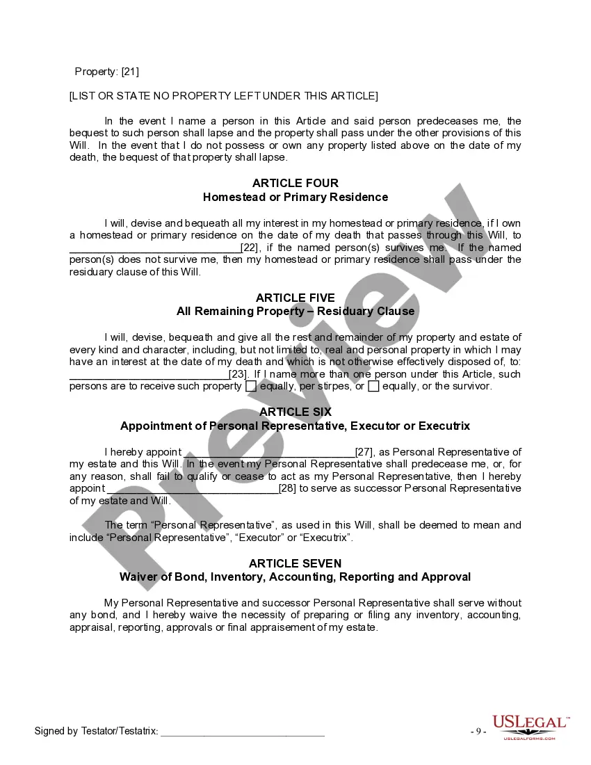 Preview Last Will and Testament for Single Person with No Children