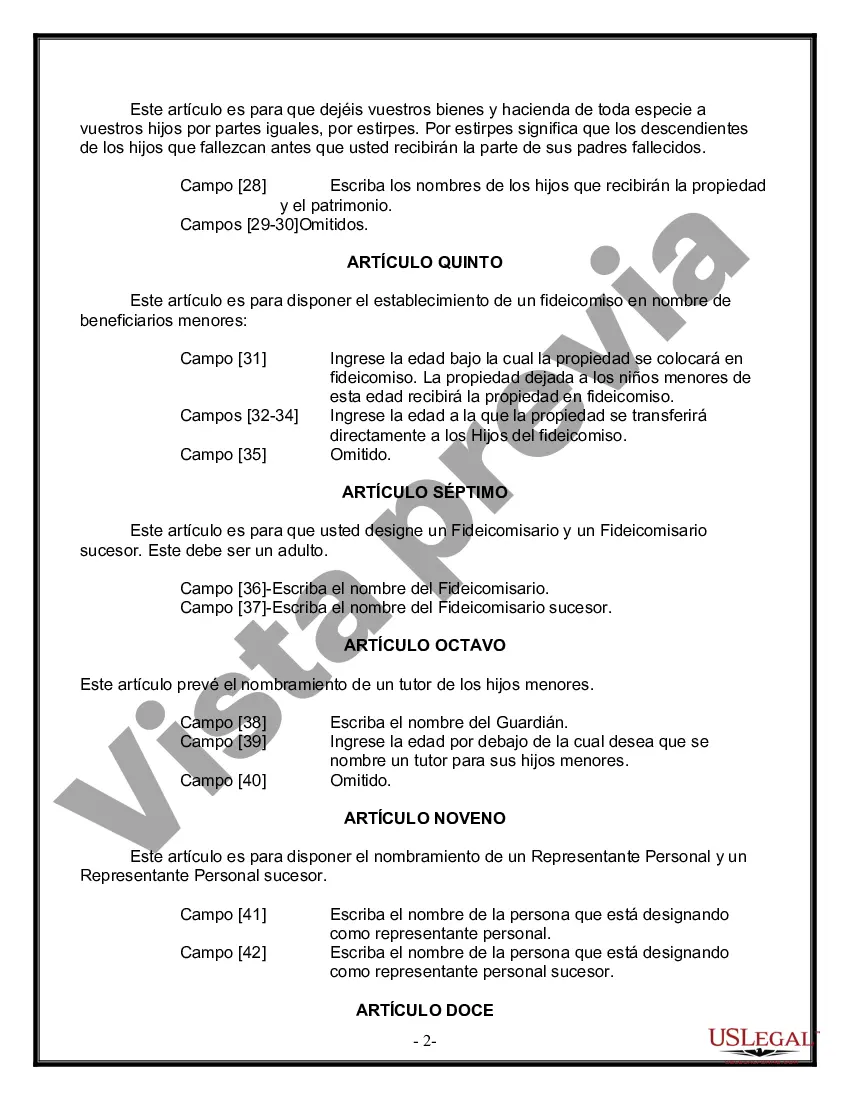 Preview Formulario Legal de Última Voluntad y Testamento para una Persona Soltera con Hijos Menores