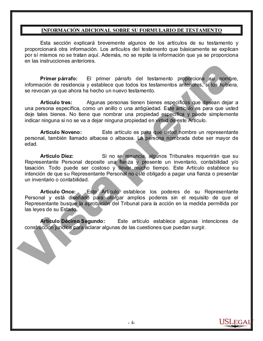 Preview Formulario Legal de Última Voluntad y Testamento para una Persona Soltera con Hijos Menores