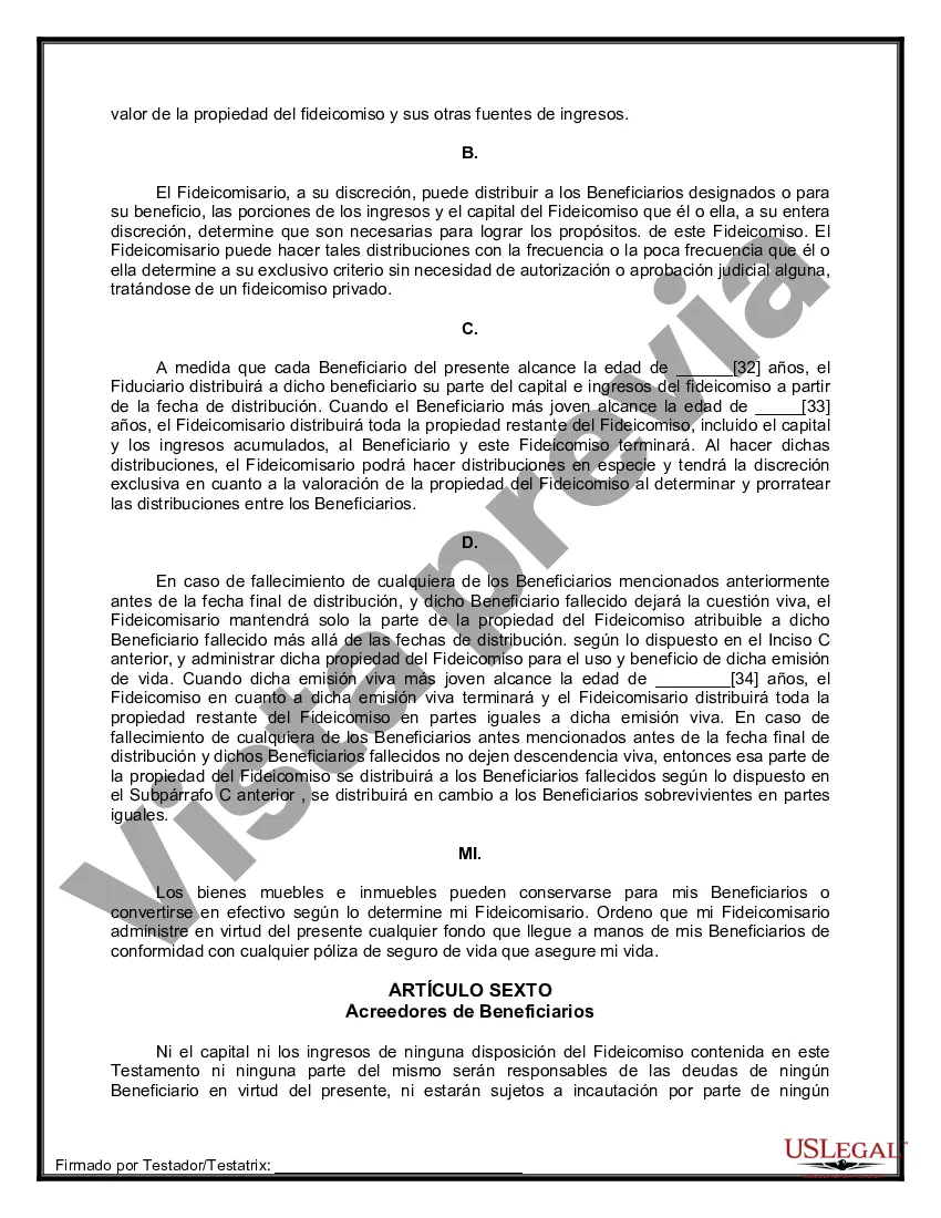 Preview Formulario Legal de Última Voluntad y Testamento para Persona Soltera con Hijos Adultos y Menores