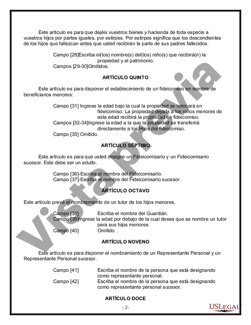 Preview Formulario Legal de Última Voluntad y Testamento para Persona Soltera con Hijos Adultos y Menores