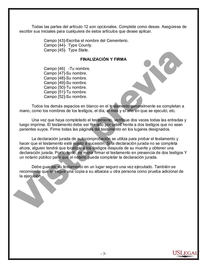 Preview Formulario Legal de Última Voluntad y Testamento para Persona Soltera con Hijos Adultos y Menores