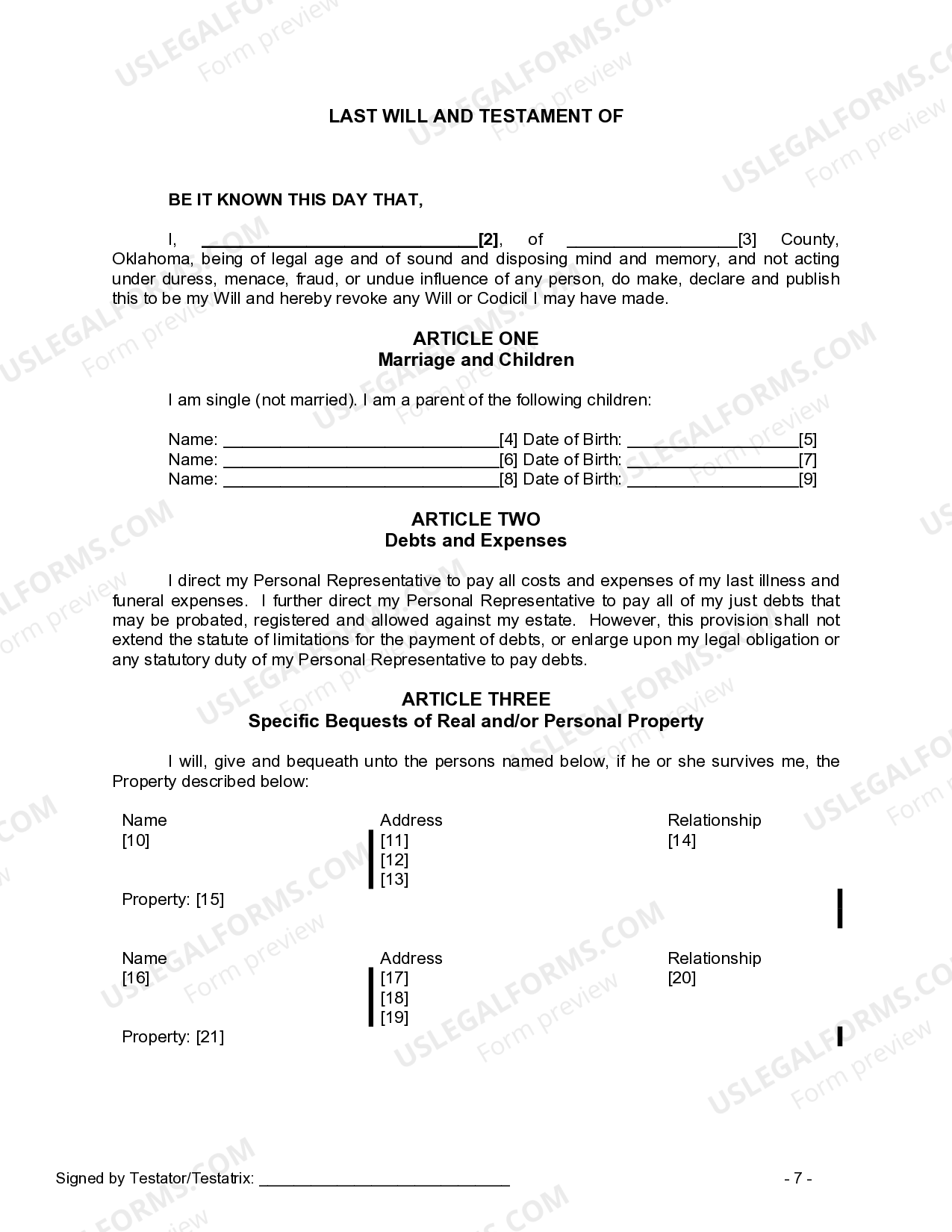Oklahoma Legal Last Will and Testament Form for Single Person with ...