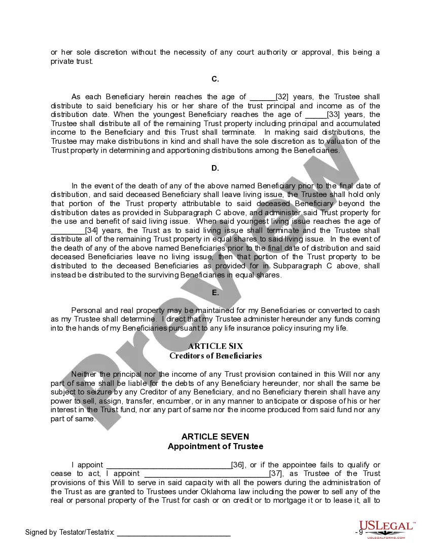 Preview Last Will and Testament for Single Person with Adult and Minor Children