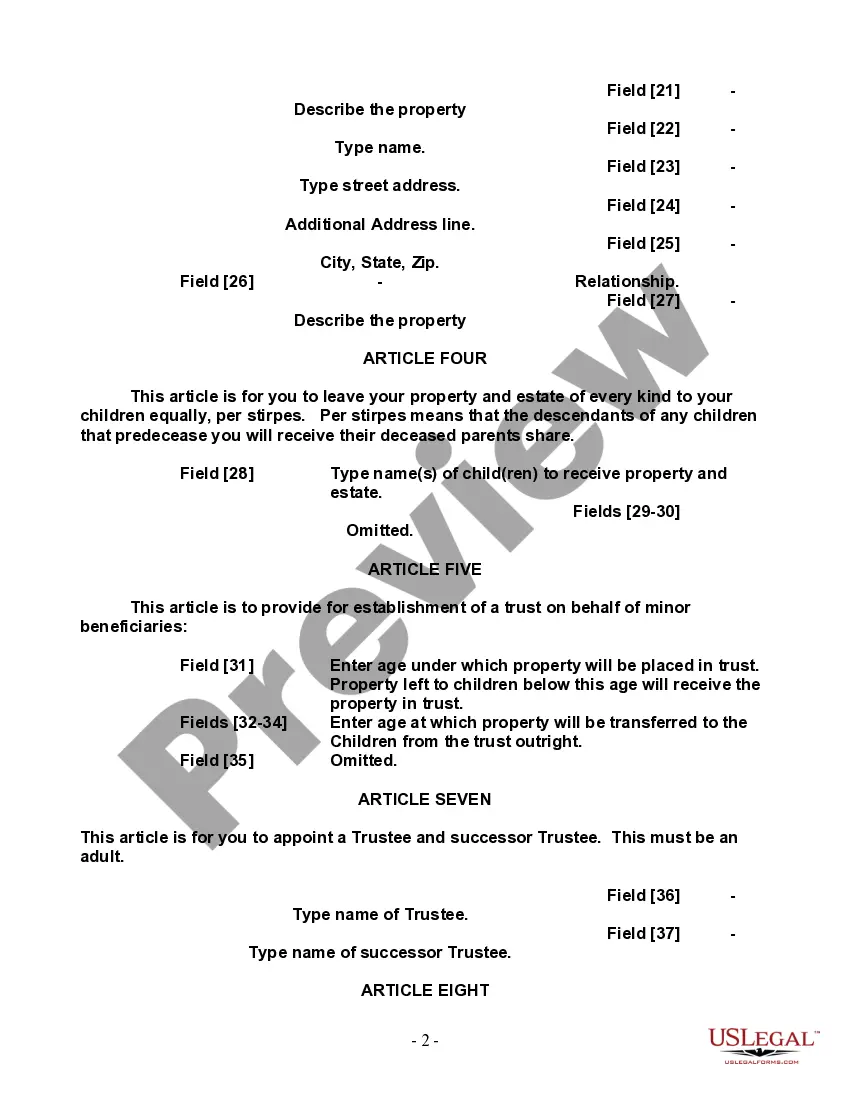 Preview Last Will and Testament for Single Person with Adult and Minor Children