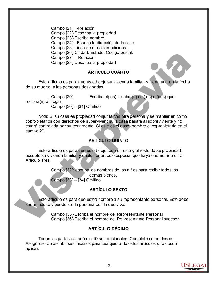 Preview Formulario Legal de Última Voluntad y Testamento para Persona Soltera con Hijos Adultos