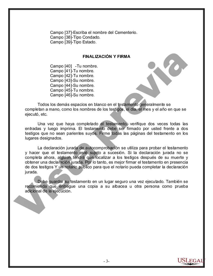 Preview Formulario Legal de Última Voluntad y Testamento para Persona Soltera con Hijos Adultos