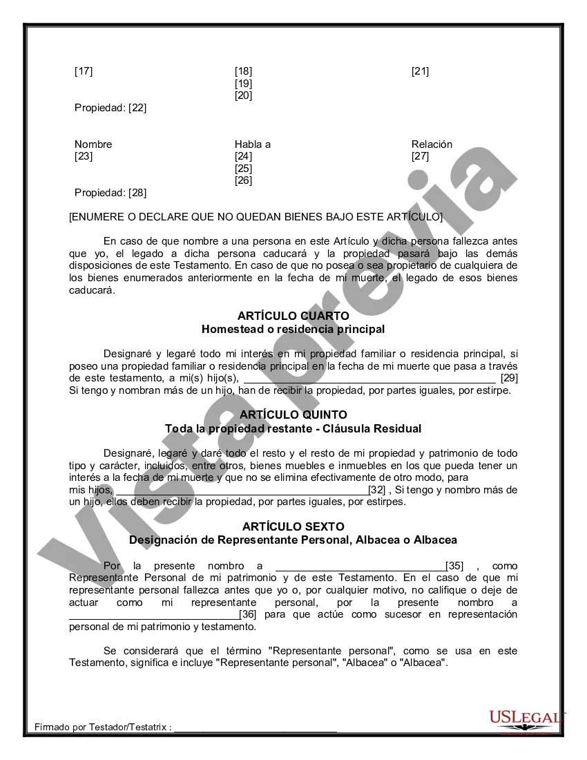 Preview Formulario Legal de Última Voluntad y Testamento para Persona Soltera con Hijos Adultos