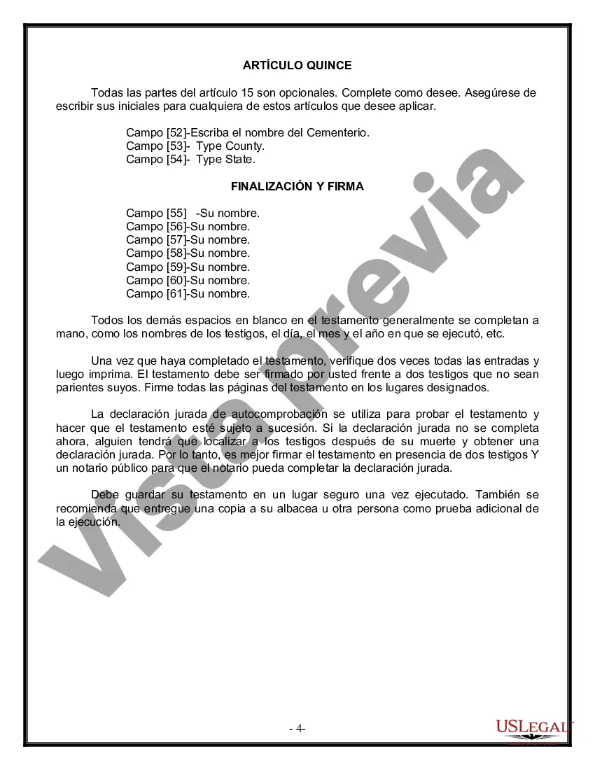 Preview Última voluntad y testamento legal para persona casada con hijos menores de edad de un matrimonio anterior