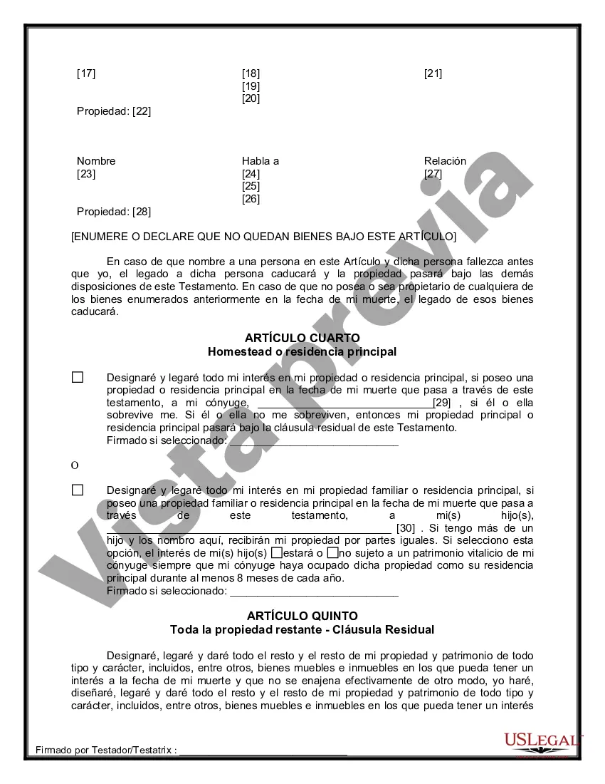 Preview Última voluntad y testamento legal para persona casada con hijos menores de edad de un matrimonio anterior