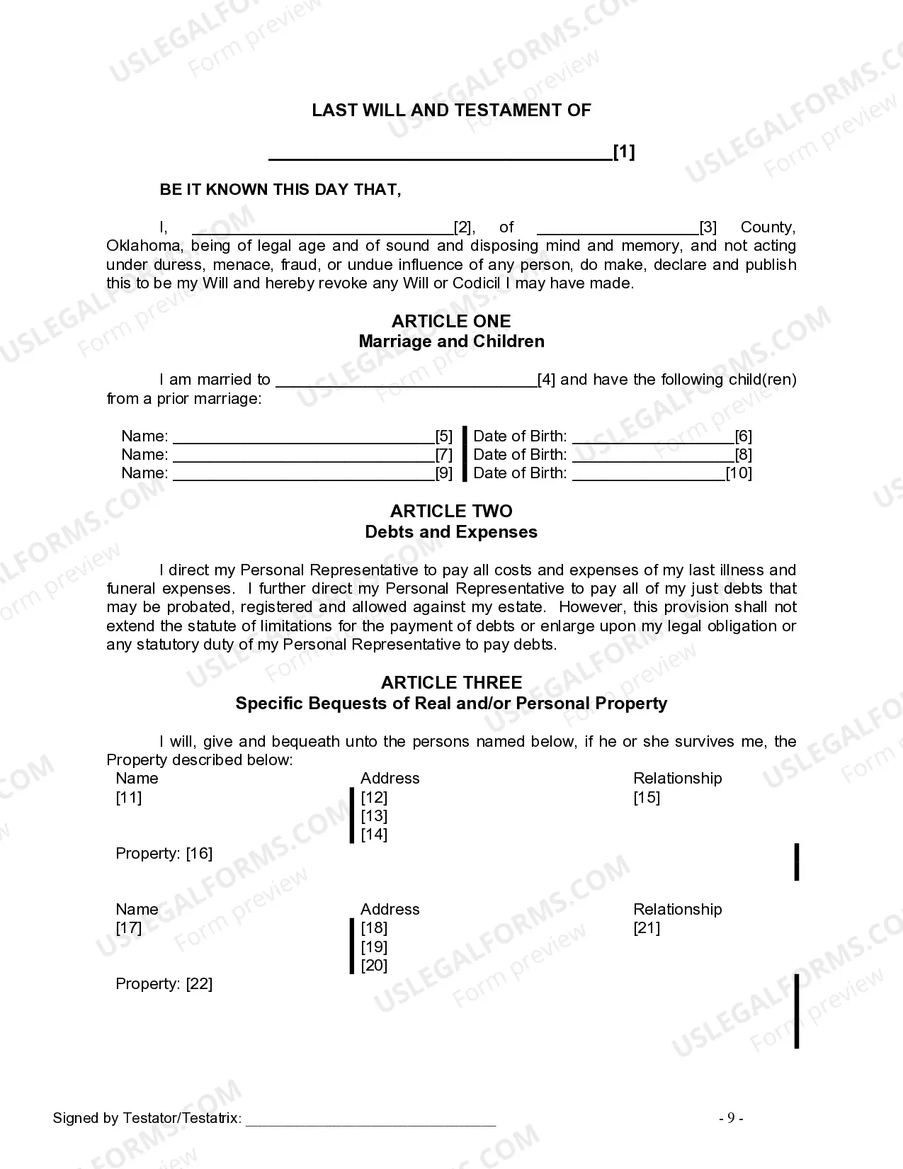 Preview Last Will and Testament for Married person with Minor Children from Prior Marriage