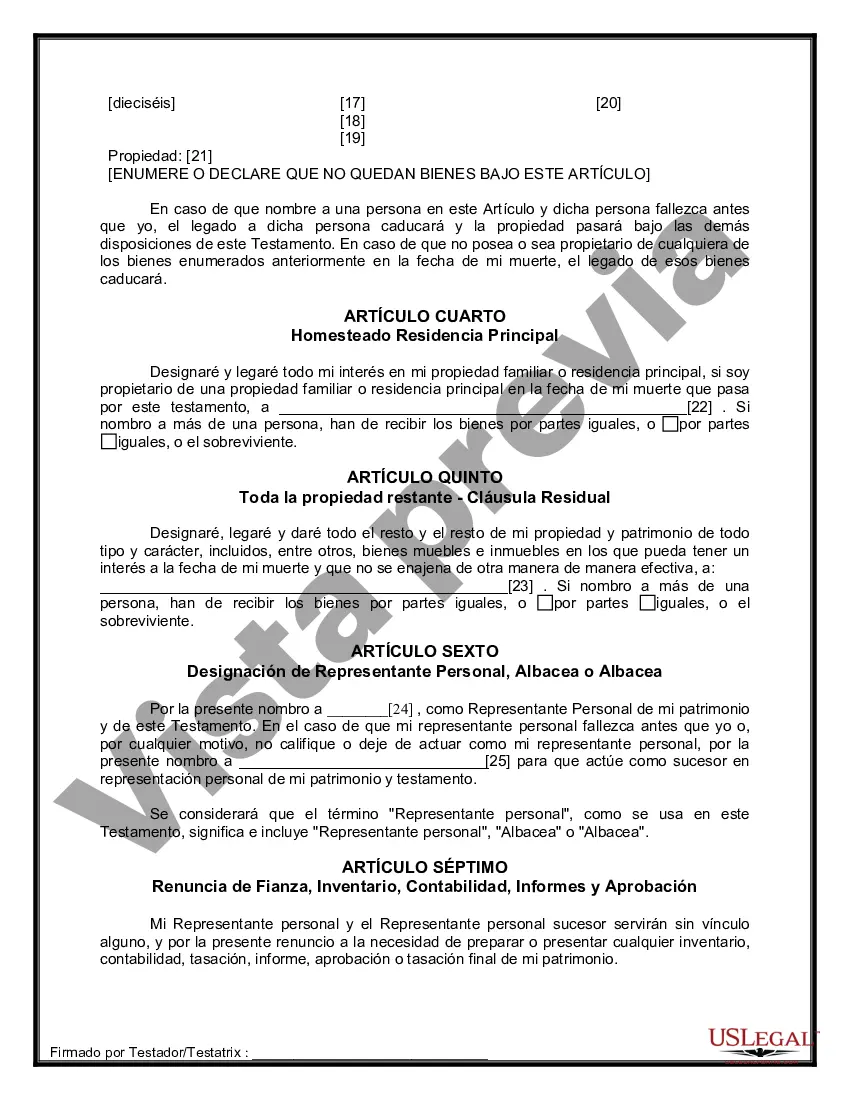 Preview Formulario de última voluntad y testamento legal para personas divorciadas que no se han vuelto a casar y no tienen hijos