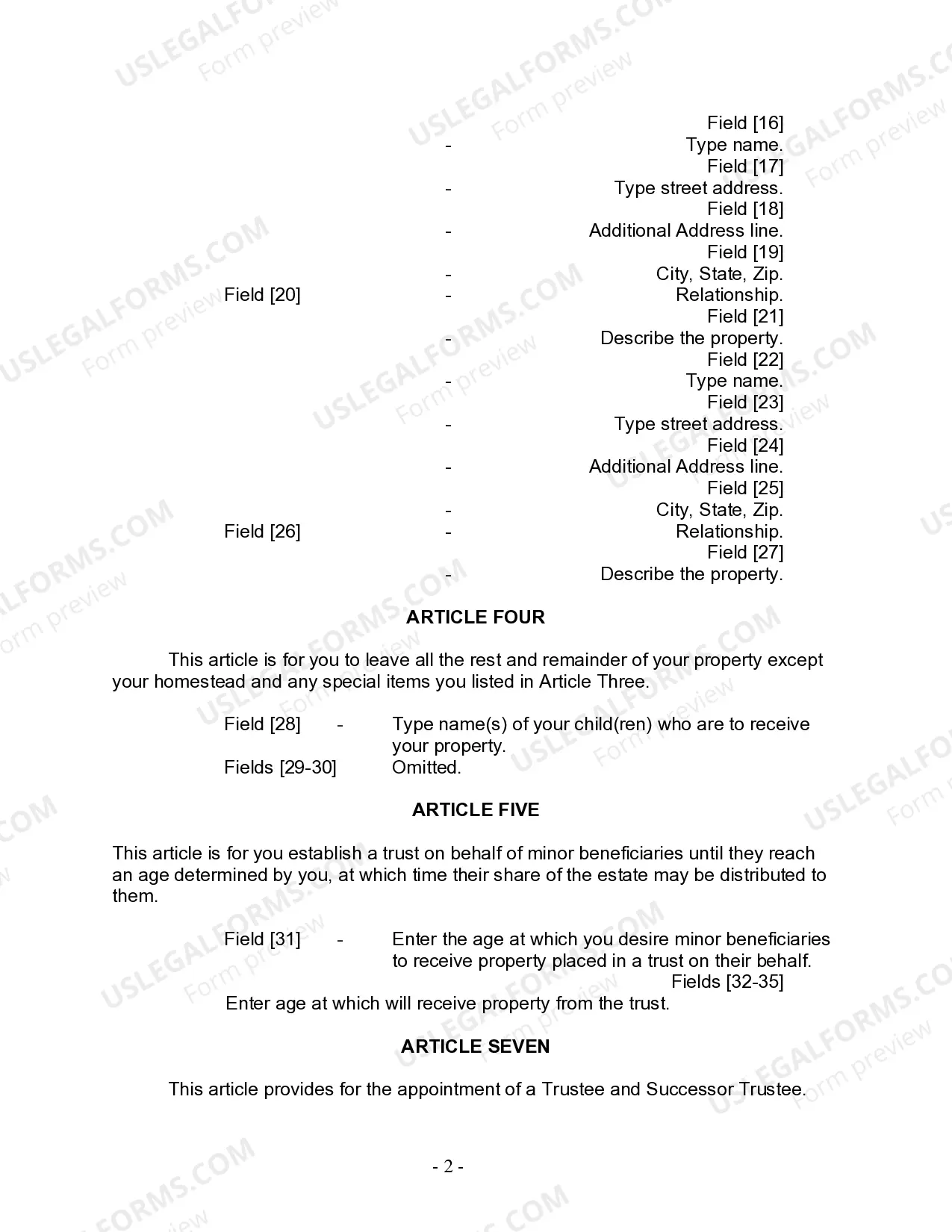 Preview Last Will and Testament for Divorced person not Remarried with Minor Children