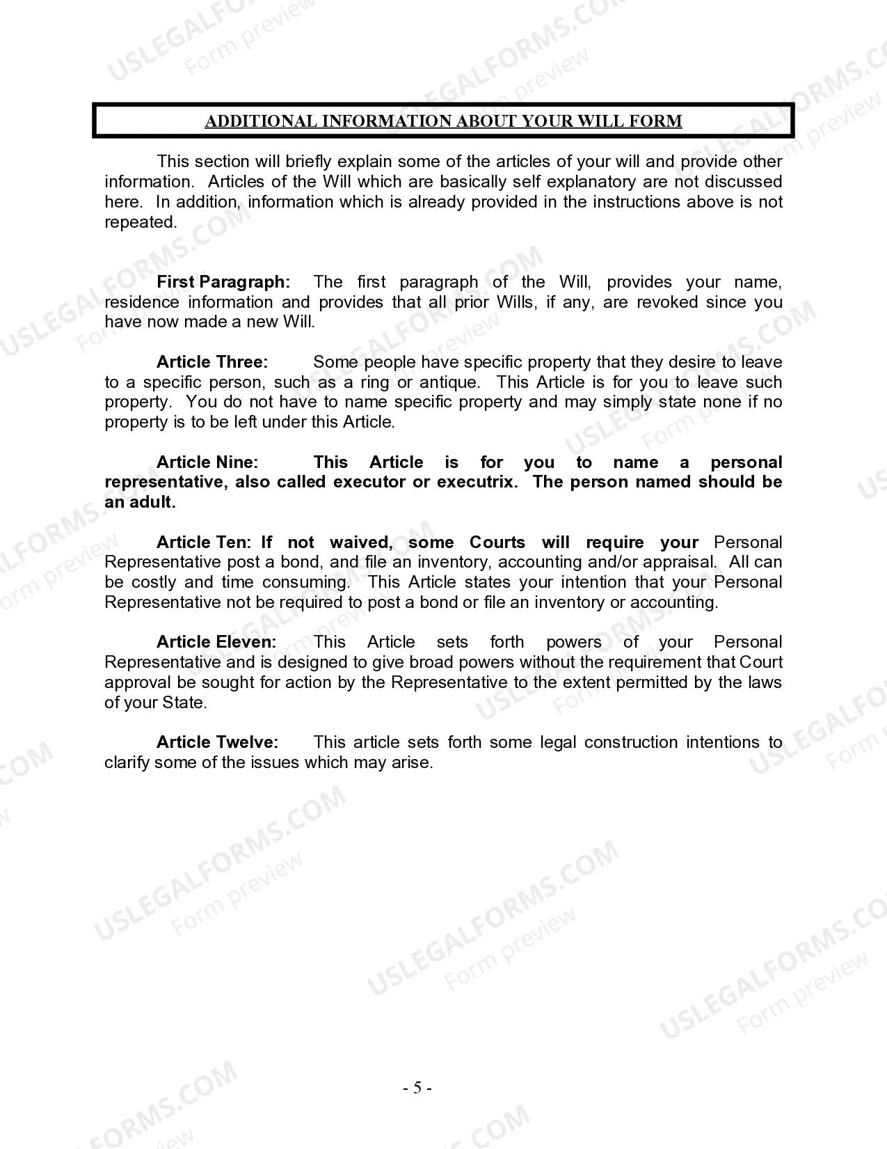 Preview Last Will and Testament for Divorced person not Remarried with Minor Children