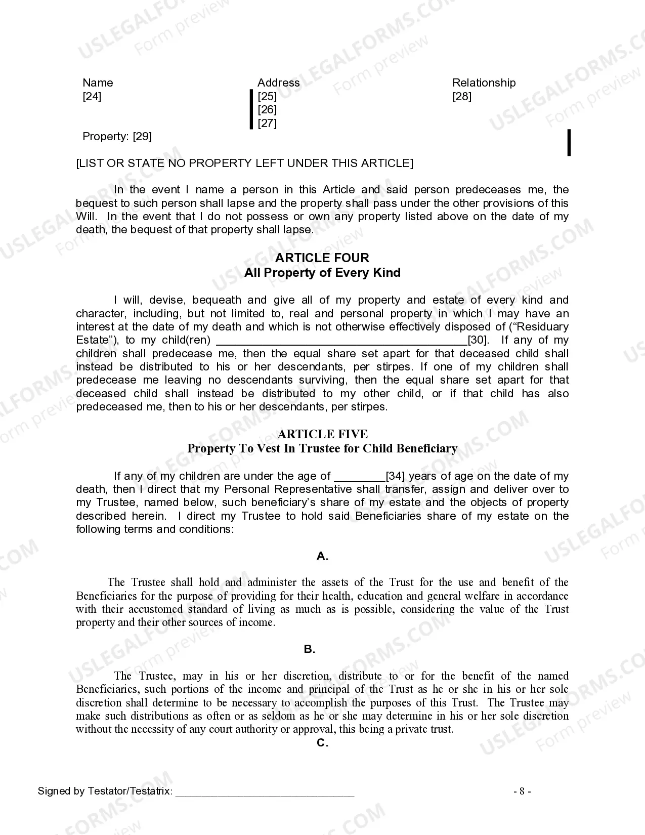 Preview Last Will and Testament for Divorced Person Not Remarried with Adult and Minor Children