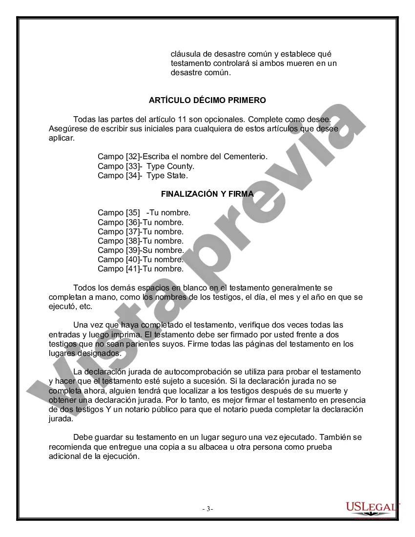 Preview Formulario de última voluntad y testamento legal para una persona casada sin hijos