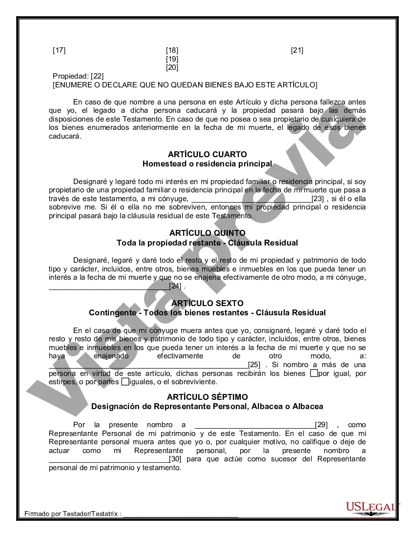 Preview Formulario de última voluntad y testamento legal para una persona casada sin hijos