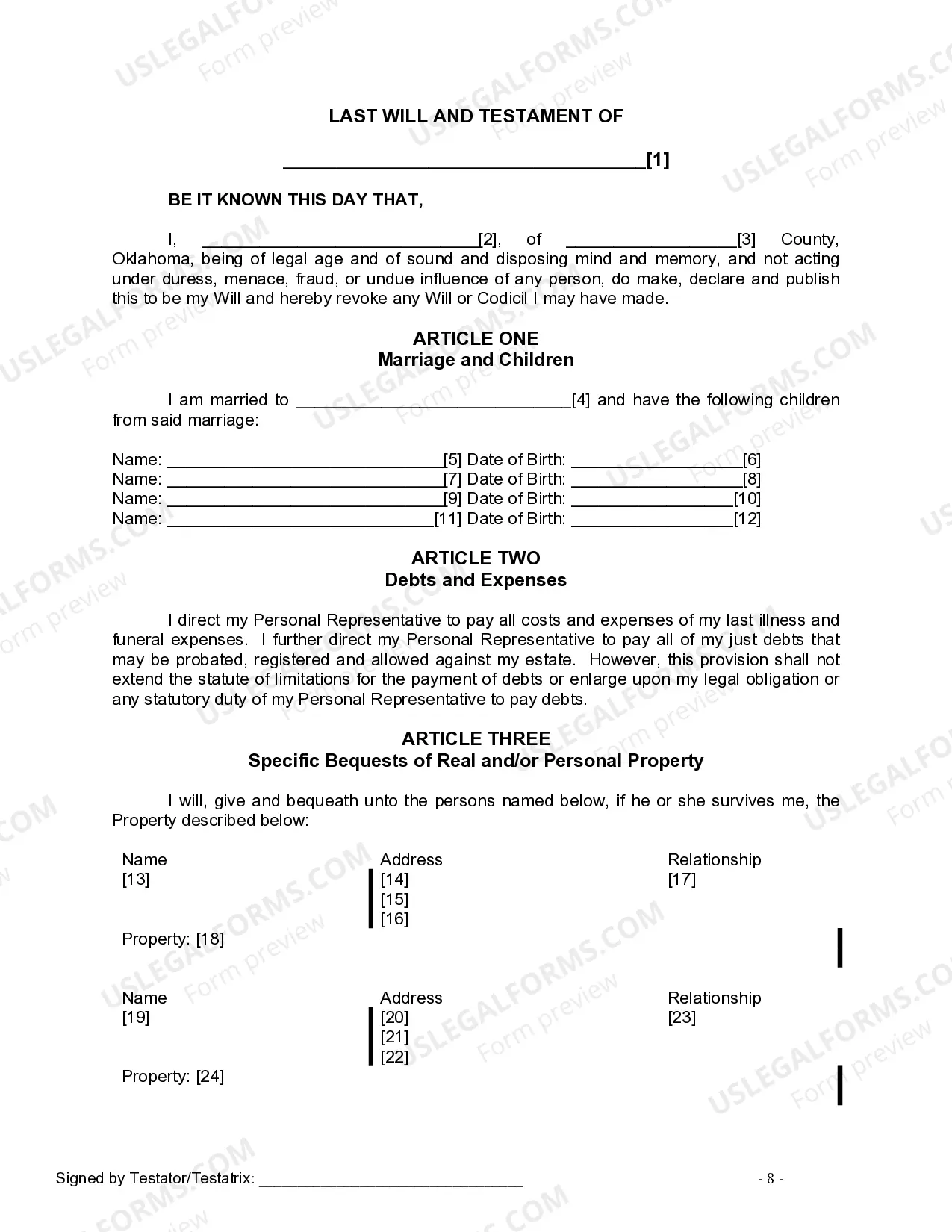 Preview Last Will and Testament for Married person with Minor Children