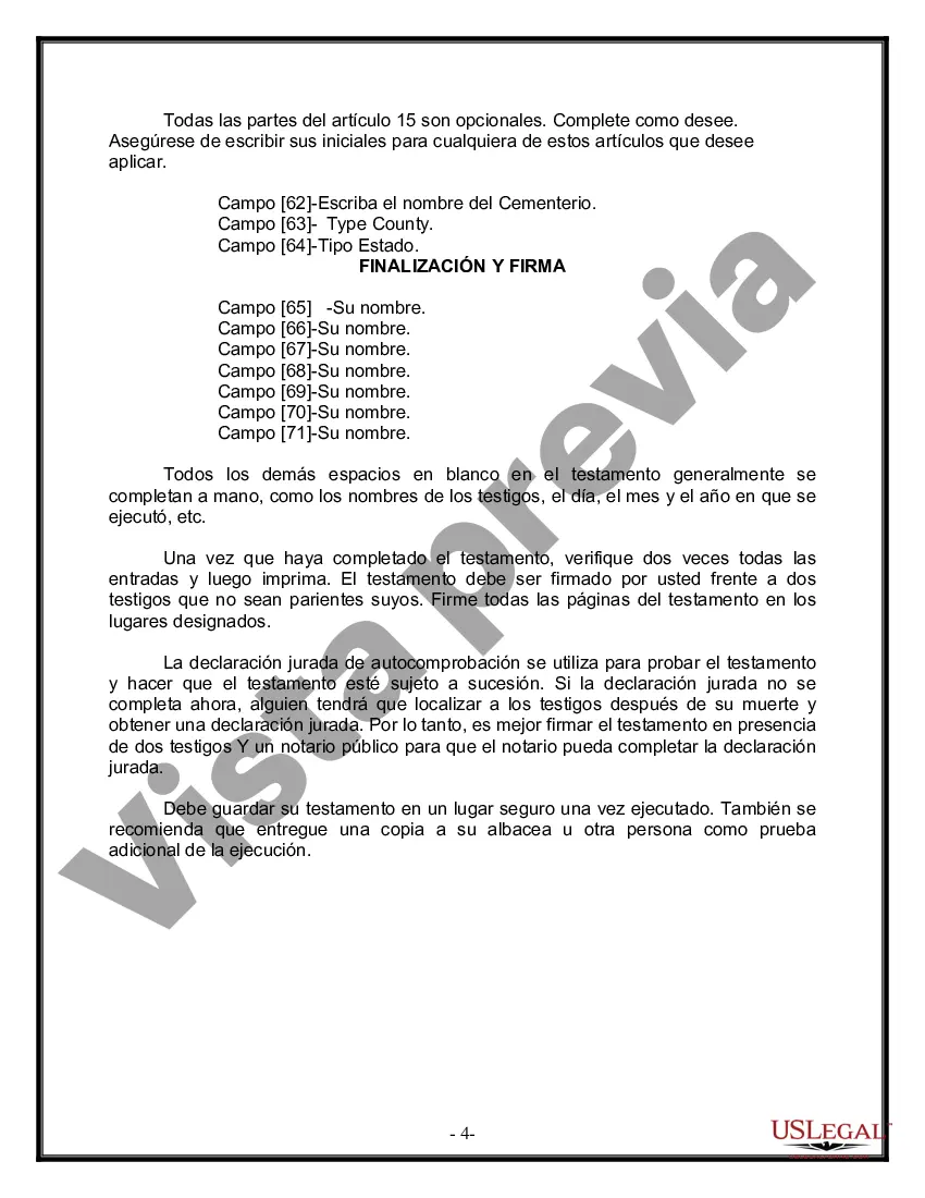 Preview Formulario Legal de Última Voluntad y Testamento para Persona Casada con Hijos Adultos y Menores de Matrimonio Anterior
