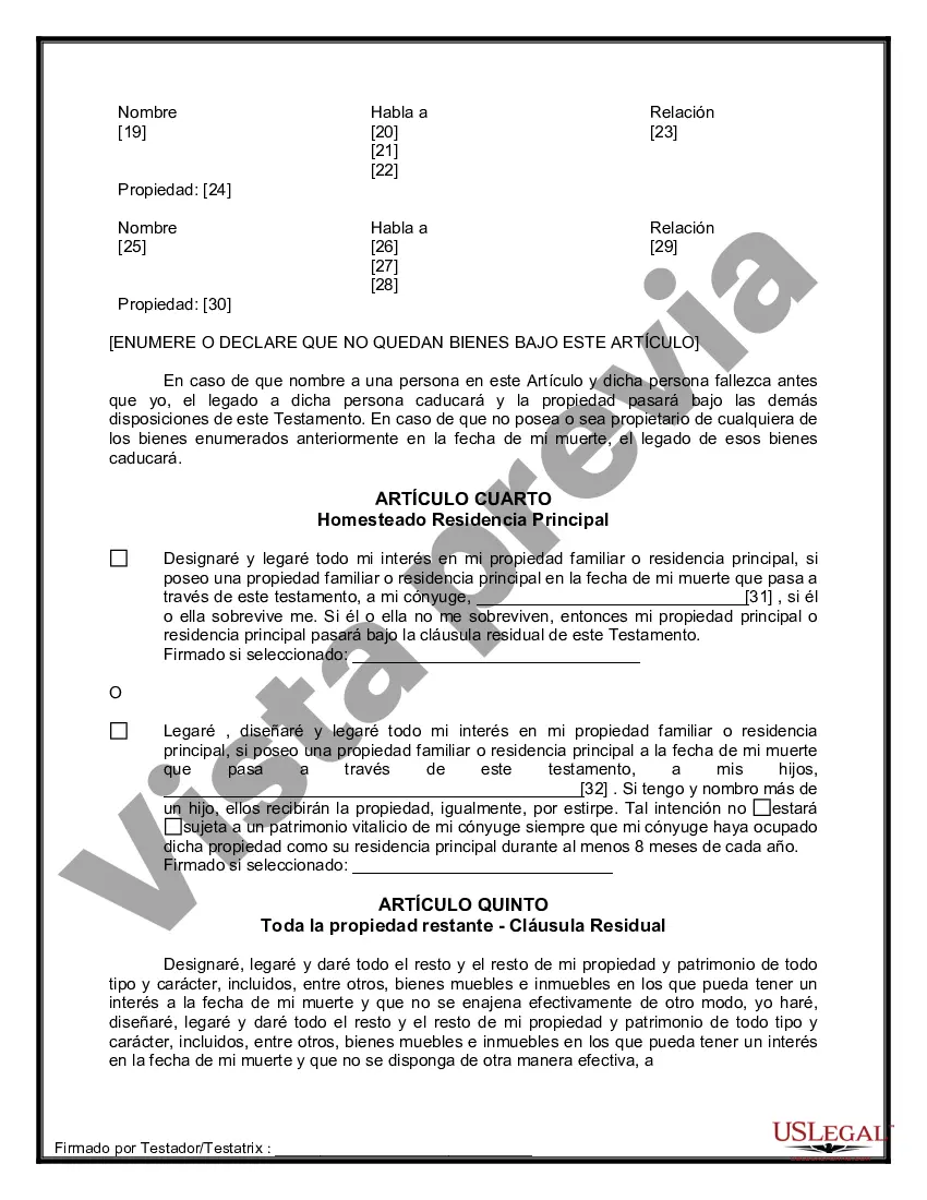 Preview Formulario Legal de Última Voluntad y Testamento para Persona Casada con Hijos Adultos y Menores de Matrimonio Anterior