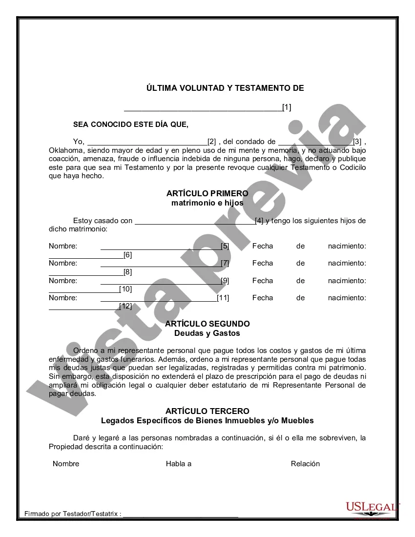 Preview Formulario Legal de Última Voluntad y Testamento para Persona Casada con Hijos Adultos y Menores