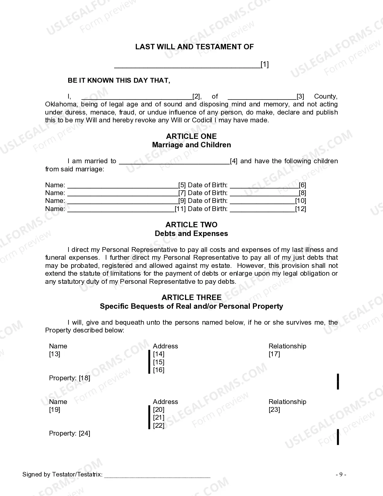 Preview Last Will and Testament for Married Person with Adult and Minor Children