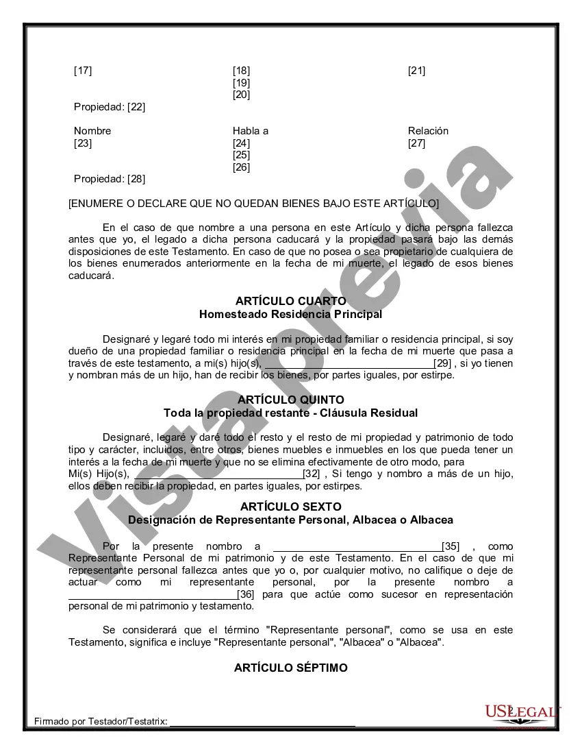 Preview Formulario de testamento y última voluntad legal para viuda o viudo con hijos adultos