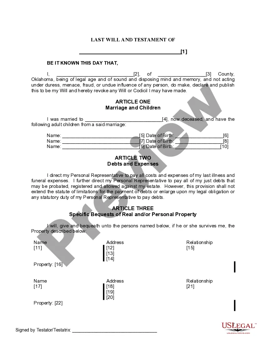 Preview Last Will and Testament for a Widow or Widower with Adult Children