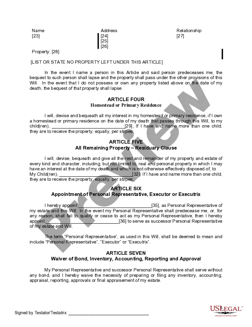 Preview Last Will and Testament for a Widow or Widower with Adult Children