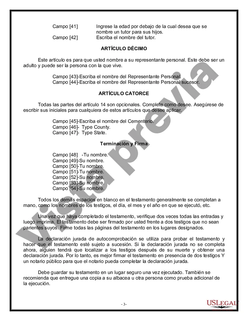 Preview Formulario Legal de Última Voluntad y Testamento para Viuda o Viudo con Hijos Menores