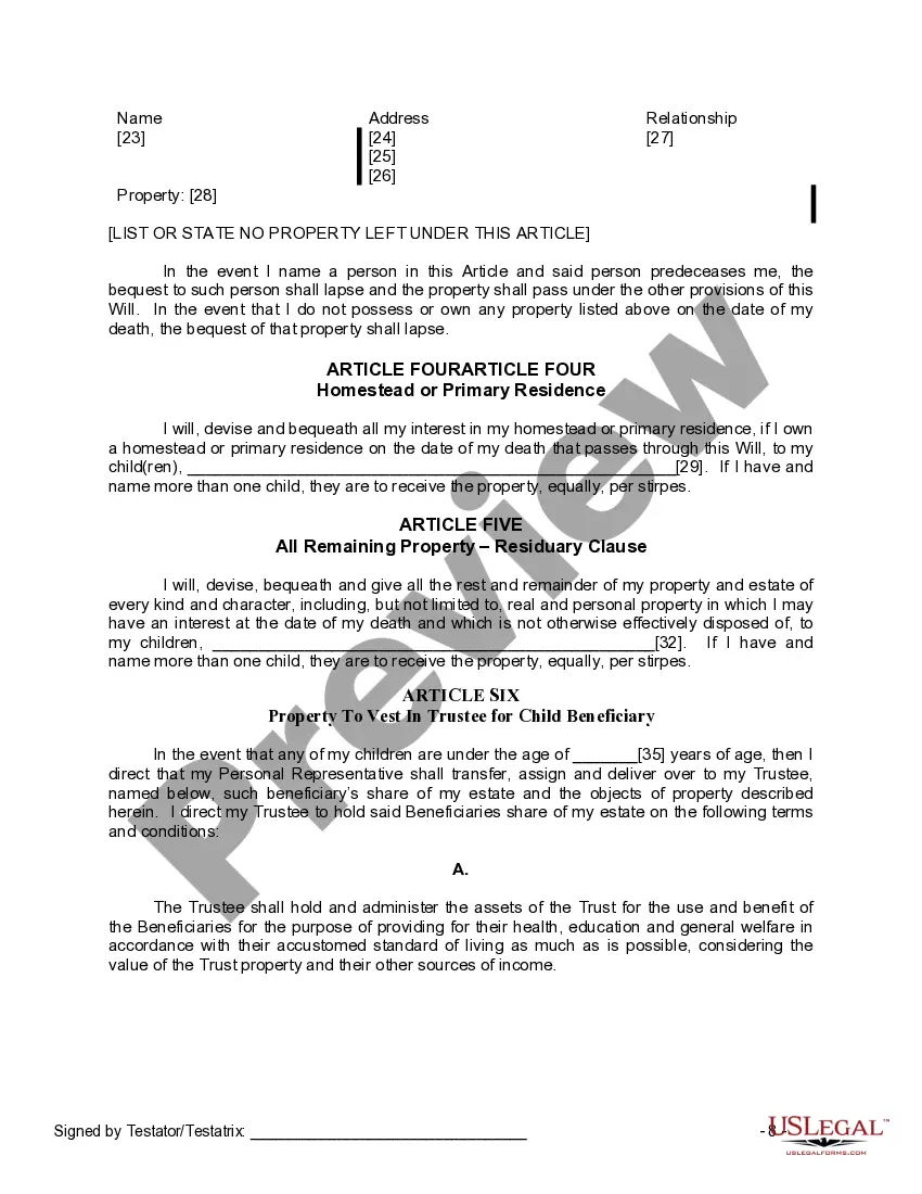 Preview Last Will and Testament for Widow or Widower with Minor Children