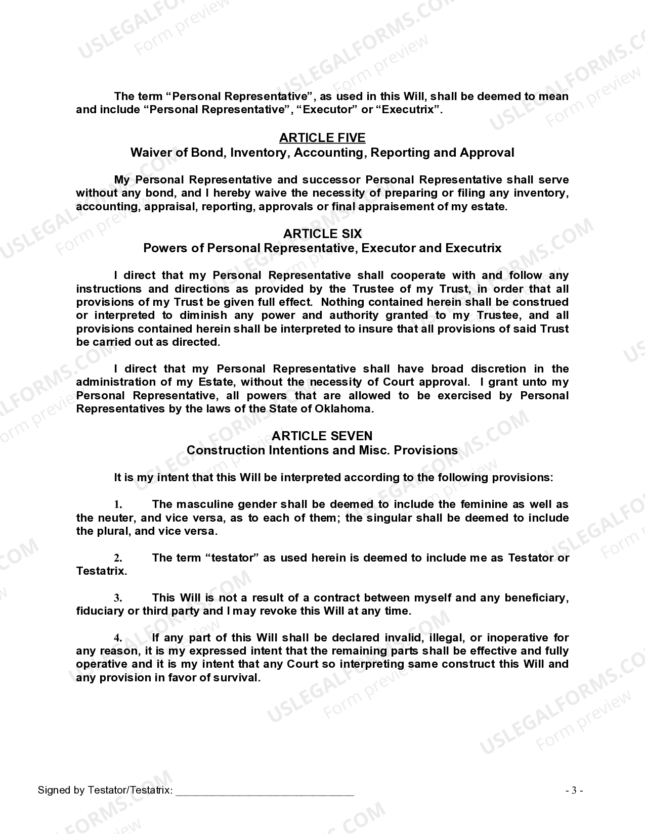 Oklahoma Legal Last Will and Testament Form with All Property to Trust ...