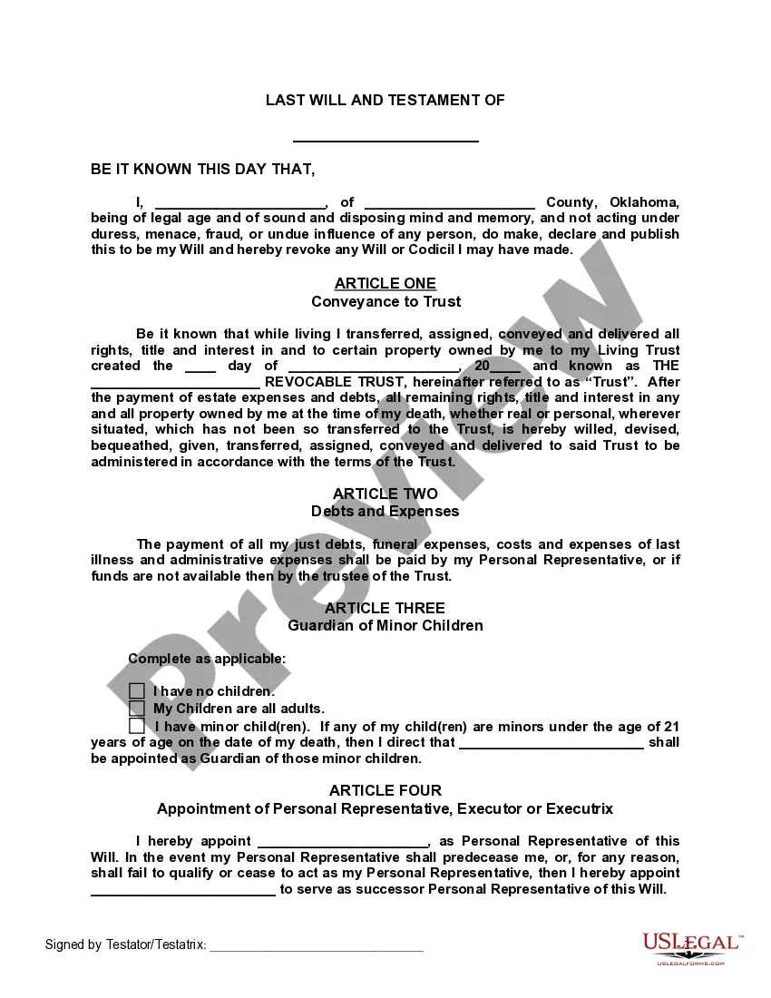 Preview Last Will and Testament with All Property to Trust called a Pour Over Will