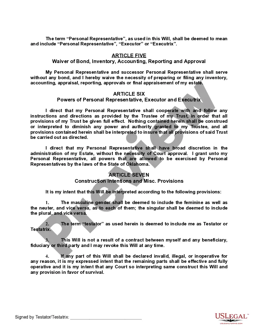 Preview Last Will and Testament with All Property to Trust called a Pour Over Will