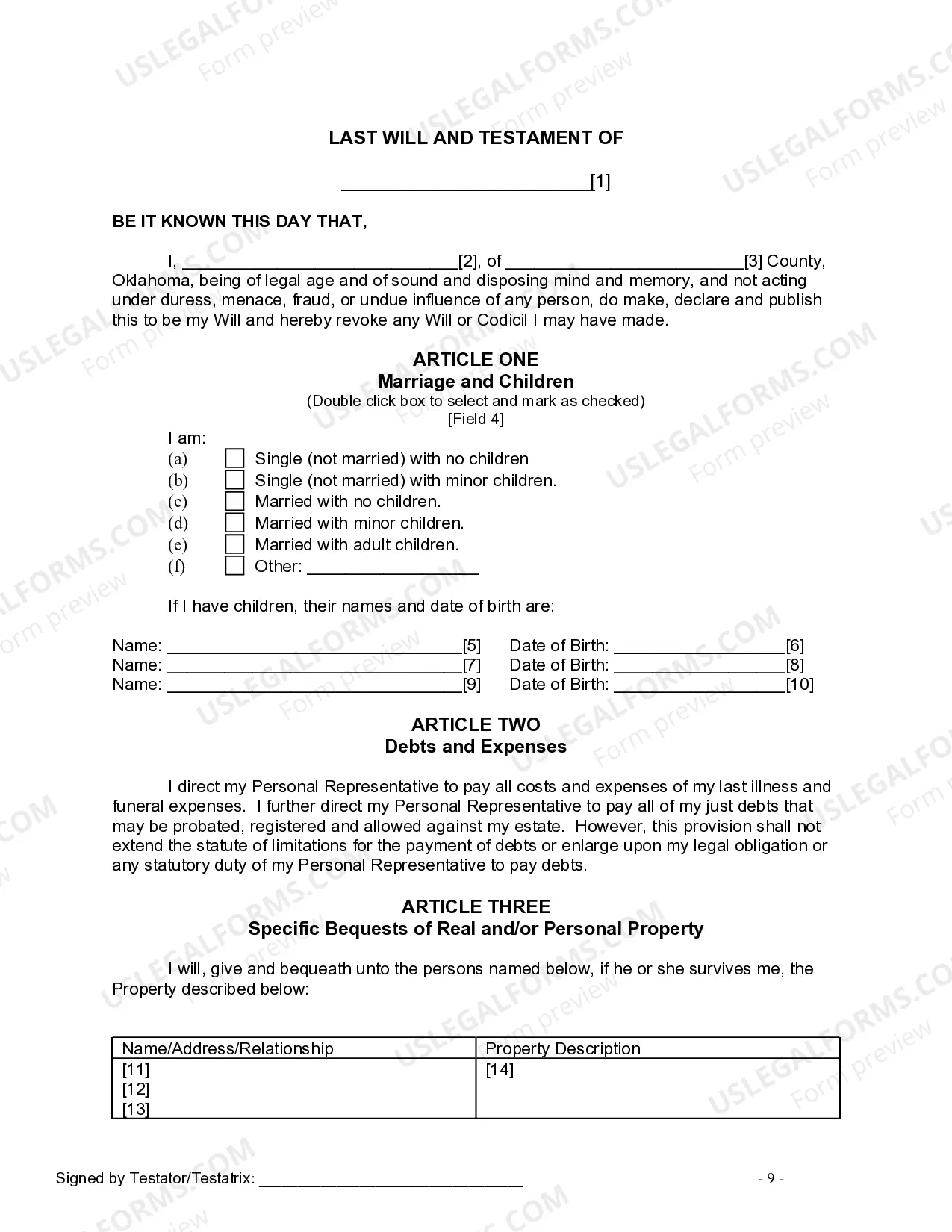 Preview Last Will and Testament for other Persons