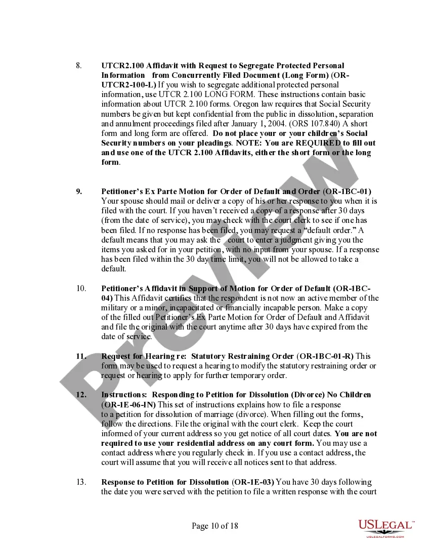 Preview Oregon No-Fault Uncontested Agreed Divorce Package for Dissolution of Marriage with Adult Children and with or without Property and Debts