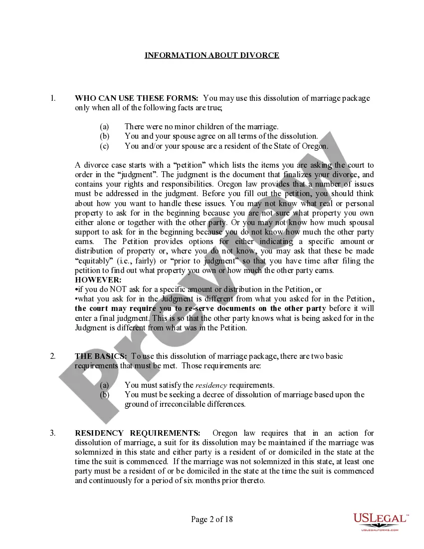 Preview Oregon No-Fault Uncontested Agreed Divorce Package for Dissolution of Marriage with Adult Children and with or without Property and Debts