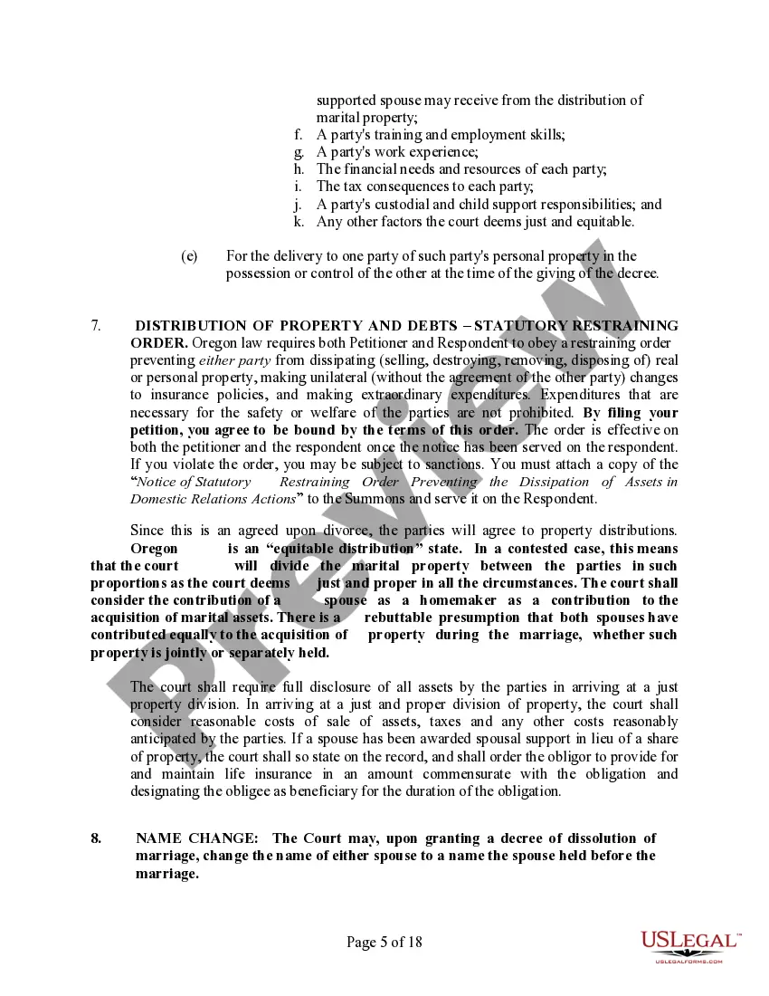 Preview Oregon No-Fault Uncontested Agreed Divorce Package for Dissolution of Marriage with Adult Children and with or without Property and Debts