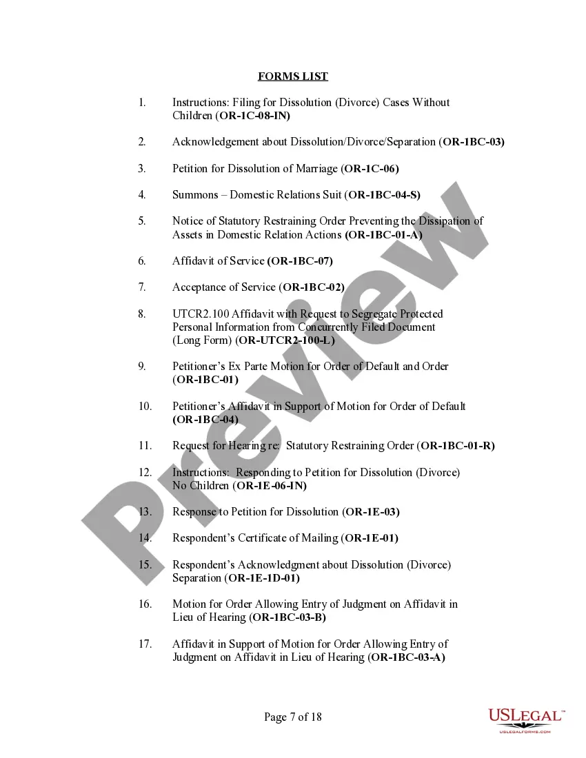 Preview Oregon No-Fault Uncontested Agreed Divorce Package for Dissolution of Marriage with Adult Children and with or without Property and Debts