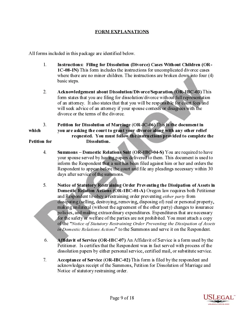 Preview Oregon No-Fault Uncontested Agreed Divorce Package for Dissolution of Marriage with Adult Children and with or without Property and Debts